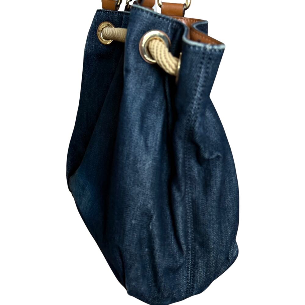 MICHAEL KORS Marina Large Drawstring Tote Bag in Navy Denim and Brown Leather - Picture 3 of 8